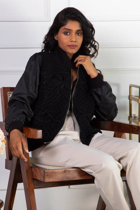Shop Rhe-Ana Black Cotton, Polyester Macrame Open Tammy Jacket Online at Aza Fashions Shop_Rhe-Ana_Black Cotton, Polyester Macrame Open Tammy Jacket _Online_at_Aza_Fashions