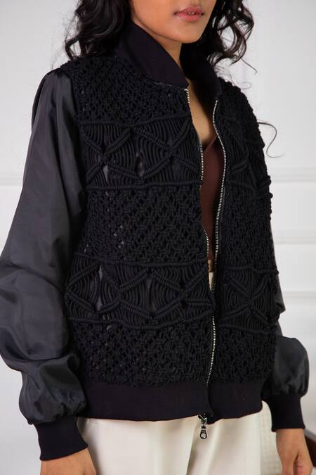 Rhe-Ana Black Cotton, Polyester Macrame Open Tammy Jacket at Aza Fashions Rhe-Ana_Black Cotton, Polyester Macrame Open Tammy Jacket _at_Aza_Fashions