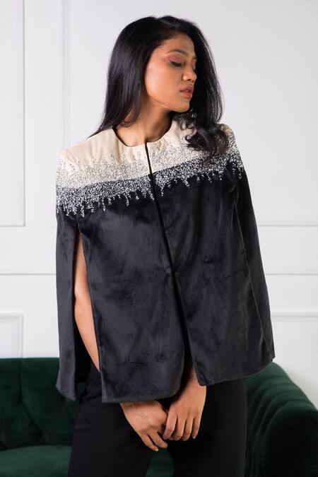 Shop Rhe-Ana Black 100% Polyester Crystal Open Kaya Embellished Cape at Aza Fashions Shop_Rhe-Ana_Black 100% Polyester Crystal Open Kaya Embellished Cape _at_Aza_Fashions