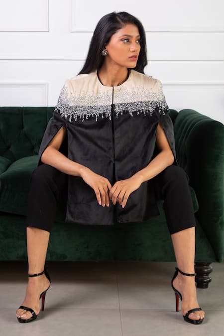 Rhe-Ana Black 100% Polyester Crystal Open Kaya Embellished Cape Online at Aza Fashions Rhe-Ana_Black 100% Polyester Crystal Open Kaya Embellished Cape _Online_at_Aza_Fashions
