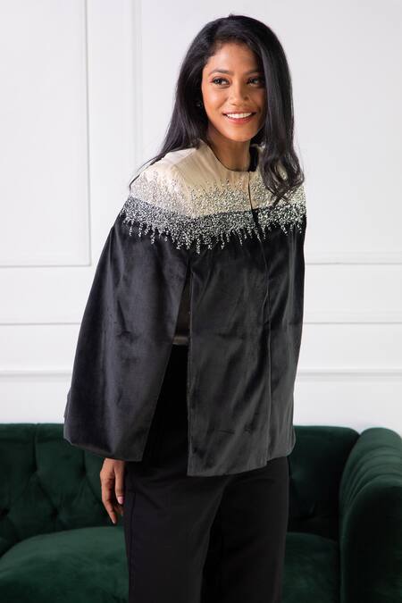 Buy Rhe-Ana Black 100% Polyester Crystal Open Kaya Embellished Cape Online at Aza Fashions Buy_Rhe-Ana_Black 100% Polyester Crystal Open Kaya Embellished Cape _Online_at_Aza_Fashions
