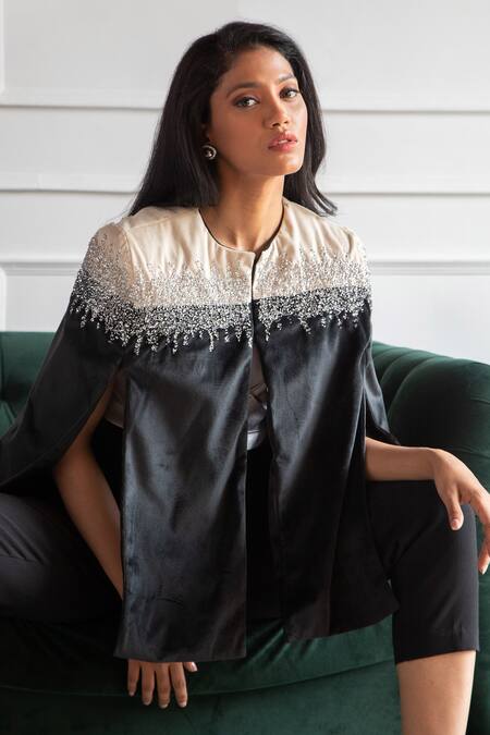Shop Rhe-Ana Black 100% Polyester Crystal Open Kaya Embellished Cape Online at Aza Fashions Shop_Rhe-Ana_Black 100% Polyester Crystal Open Kaya Embellished Cape _Online_at_Aza_Fashions