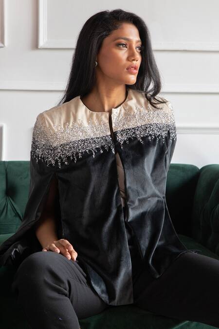 Rhe-Ana Black 100% Polyester Crystal Open Kaya Embellished Cape at Aza Fashions Rhe-Ana_Black 100% Polyester Crystal Open Kaya Embellished Cape _at_Aza_Fashions