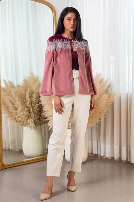 Rhe-Ana Pink 100% Polyester Crystal Open Kaya Colorblock Embellished Cape 
