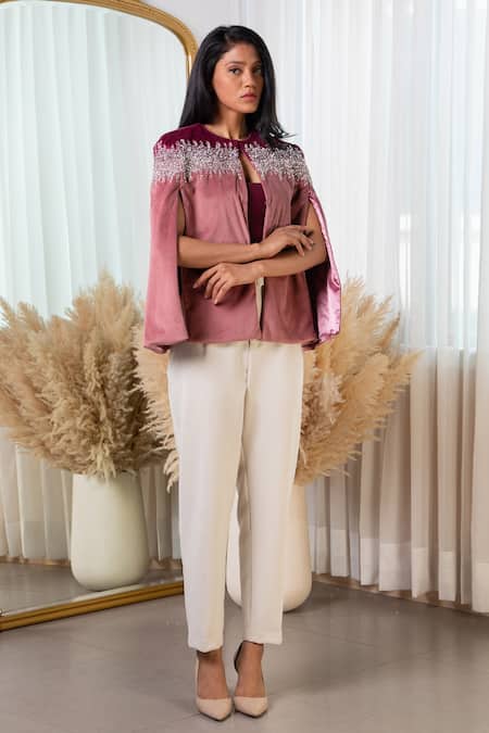 Shop Rhe-Ana Pink 100% Polyester Crystal Open Kaya Colorblock Embellished Cape at Aza Fashions Shop_Rhe-Ana_Pink 100% Polyester Crystal Open Kaya Colorblock Embellished Cape _at_Aza_Fashions
