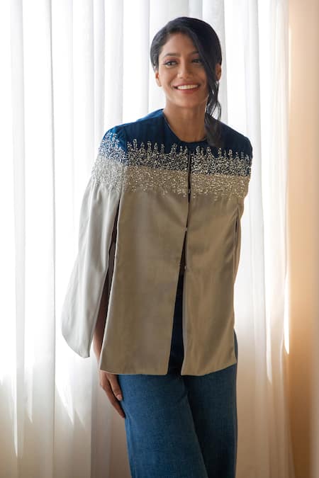 Shop Rhe-Ana Grey 100% Polyester Crystal Open Kaya Embellished Cape at Aza Fashions Shop_Rhe-Ana_Grey 100% Polyester Crystal Open Kaya Embellished Cape _at_Aza_Fashions