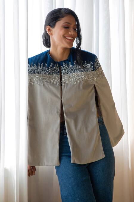 Rhe-Ana Grey 100% Polyester Crystal Open Kaya Embellished Cape Online at Aza Fashions Rhe-Ana_Grey 100% Polyester Crystal Open Kaya Embellished Cape _Online_at_Aza_Fashions