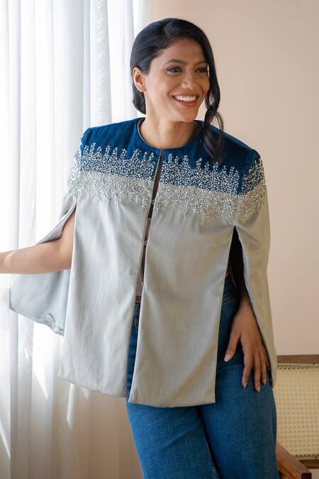 Buy Rhe-Ana Grey 100% Polyester Crystal Open Kaya Embellished Cape Online at Aza Fashions Buy_Rhe-Ana_Grey 100% Polyester Crystal Open Kaya Embellished Cape _Online_at_Aza_Fashions
