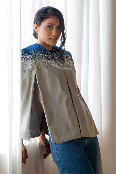 Shop Rhe-Ana Grey 100% Polyester Crystal Open Kaya Embellished Cape Online at Aza Fashions Shop_Rhe-Ana_Grey 100% Polyester Crystal Open Kaya Embellished Cape _Online_at_Aza_Fashions