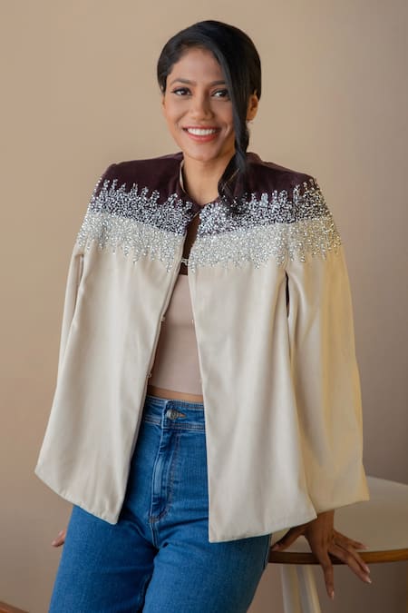 Shop Rhe-Ana Beige 100% Polyester Crystal Open Kaya Colorblock Embellished Cape at Aza Fashions Shop_Rhe-Ana_Beige 100% Polyester Crystal Open Kaya Colorblock Embellished Cape _at_Aza_Fashions