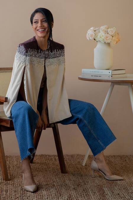 Rhe-Ana Beige 100% Polyester Crystal Open Kaya Colorblock Embellished Cape Online at Aza Fashions Rhe-Ana_Beige 100% Polyester Crystal Open Kaya Colorblock Embellished Cape _Online_at_Aza_Fashions