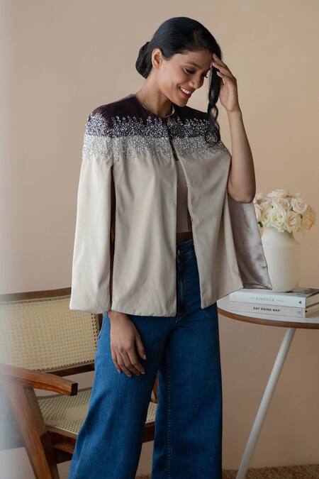 Buy Rhe-Ana Beige 100% Polyester Crystal Open Kaya Colorblock Embellished Cape Online at Aza Fashions Buy_Rhe-Ana_Beige 100% Polyester Crystal Open Kaya Colorblock Embellished Cape _Online_at_Aza_Fashions