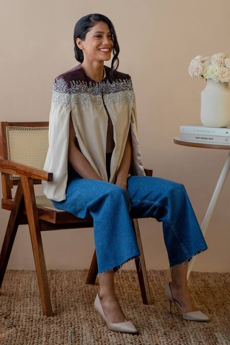 Shop Rhe-Ana Beige 100% Polyester Crystal Open Kaya Colorblock Embellished Cape Online at Aza Fashions Shop_Rhe-Ana_Beige 100% Polyester Crystal Open Kaya Colorblock Embellished Cape _Online_at_Aza_Fashions