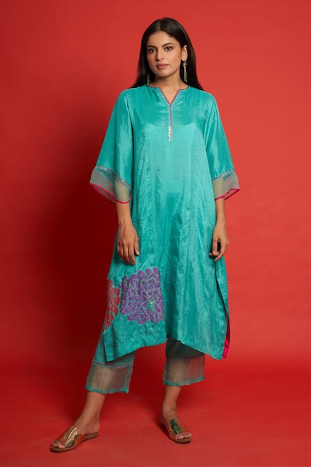 Priti Prashant Blue Mulberry Silk Sequin Notched Orchid Floral Motifs Kurta Pant Set