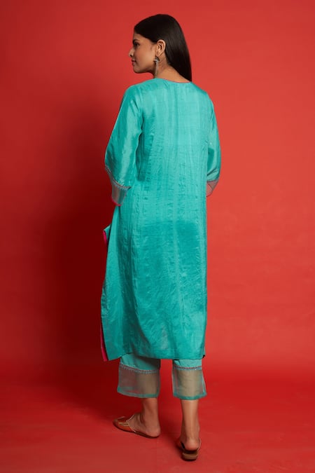 Shop Priti Prashant Blue Mulberry Silk Sequin Notched Orchid Floral Motifs Kurta Pant Set at Aza Fashions Shop_Priti Prashant_Blue Mulberry Silk Sequin Notched Orchid Floral Motifs Kurta Pant Set _at_Aza_Fashions