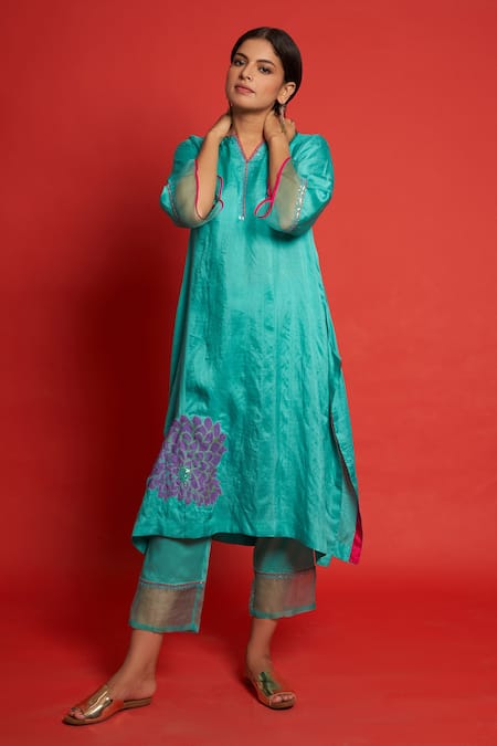 Priti Prashant Blue Mulberry Silk Sequin Notched Orchid Floral Motifs Kurta Pant Set Online at Aza Fashions Priti Prashant_Blue Mulberry Silk Sequin Notched Orchid Floral Motifs Kurta Pant Set _Online_at_Aza_Fashions