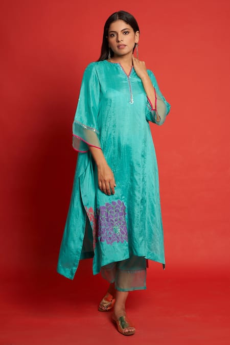 Buy Priti Prashant Blue Mulberry Silk Sequin Notched Orchid Floral Motifs Kurta Pant Set Online at Aza Fashions Buy_Priti Prashant_Blue Mulberry Silk Sequin Notched Orchid Floral Motifs Kurta Pant Set _Online_at_Aza_Fashions