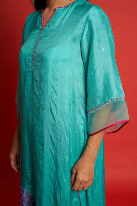 Shop Priti Prashant Blue Mulberry Silk Sequin Notched Orchid Floral Motifs Kurta Pant Set Online at Aza Fashions Shop_Priti Prashant_Blue Mulberry Silk Sequin Notched Orchid Floral Motifs Kurta Pant Set _Online_at_Aza_Fashions