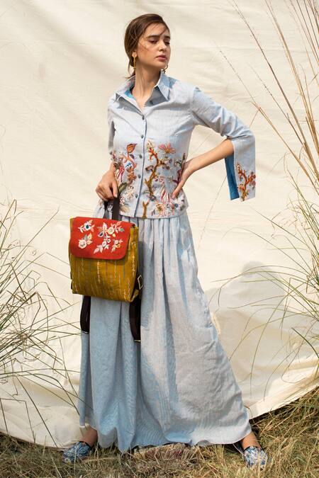Oushk By Ussama Shabbir Blue Spread Collar Handwoven Cotton Skirt Set 