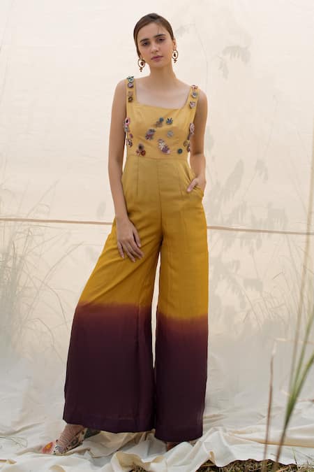 Oushk By Ussama Shabbir Yellow Silk Square Neck Jumpsuit