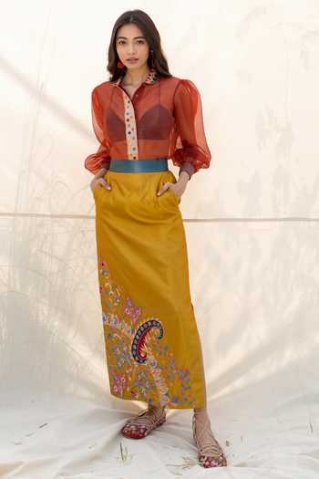 Buy Oushk By Ussama Shabbir Yellow Silk Skirt Set at Aza Fashions Buy_Oushk By Ussama Shabbir_Yellow Silk Skirt Set_at_Aza_Fashions