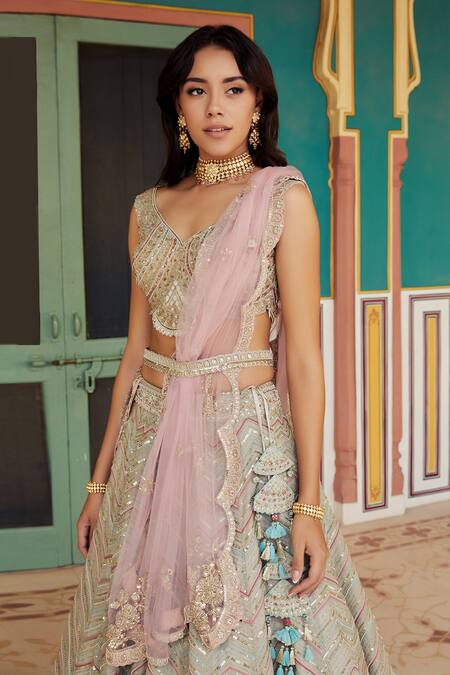 Buy Osaa By Adarsh Grey Tissue Kora Sweetheart Neck Embroidered Lehenga Set Online at Aza Fashions Buy_Osaa By Adarsh_Grey Tissue Kora Sweetheart Neck Embroidered Lehenga Set _Online_at_Aza_Fashions