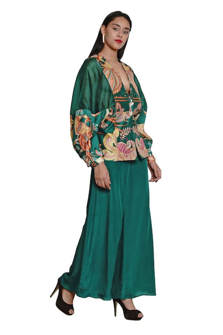 Limerick By Abirr N' Nanki_Green Crepe V Neck Printed Jacket_Online_at_Aza_Fashions