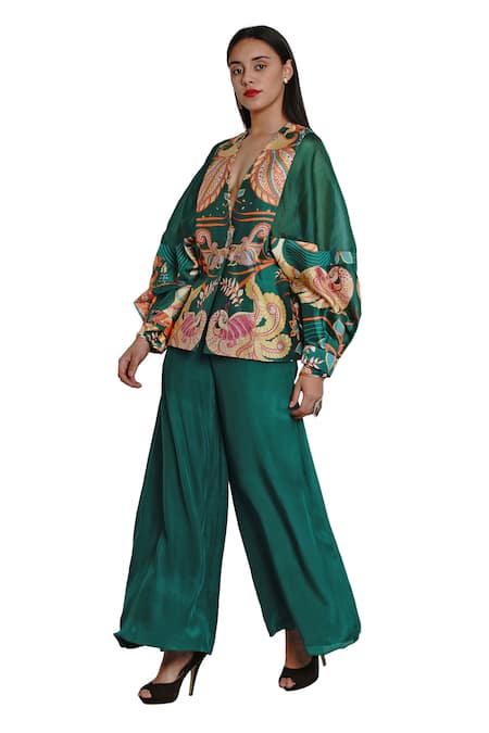 Shop_Limerick By Abirr N' Nanki_Green Crepe V Neck Printed Jacket_Online_at_Aza_Fashions