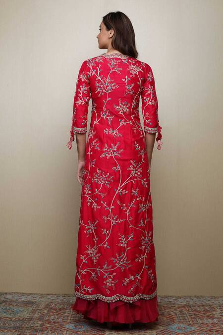 Shop Osaa By Adarsh Red Silk Embroidered Jacket And Palazzo Set at Aza Fashions Shop_Osaa By Adarsh_Red Silk Embroidered Jacket And Palazzo Set _at_Aza_Fashions