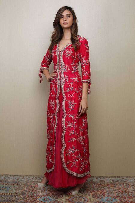 Osaa By Adarsh Red Silk Embroidered Jacket And Palazzo Set Online at Aza Fashions Osaa By Adarsh_Red Silk Embroidered Jacket And Palazzo Set _Online_at_Aza_Fashions