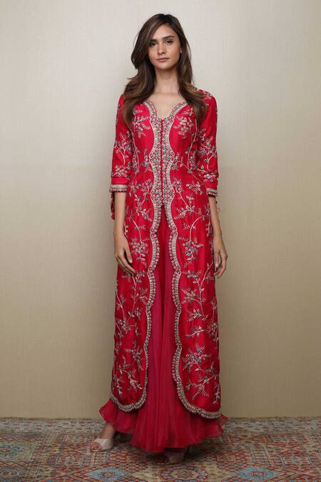 Buy Osaa By Adarsh Red Silk Embroidered Jacket And Palazzo Set Online at Aza Fashions Buy_Osaa By Adarsh_Red Silk Embroidered Jacket And Palazzo Set _Online_at_Aza_Fashions