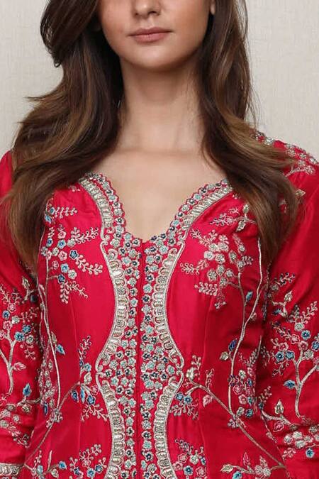 Osaa By Adarsh Red Silk Embroidered Jacket And Palazzo Set at Aza Fashions Osaa By Adarsh_Red Silk Embroidered Jacket And Palazzo Set _at_Aza_Fashions