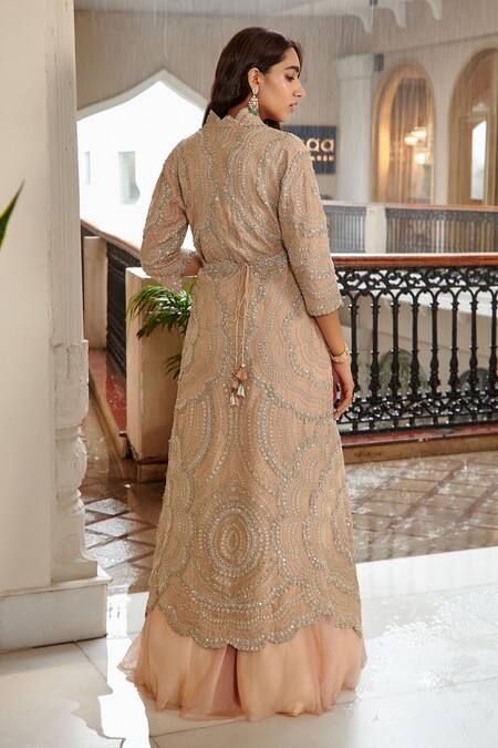 Shop Osaa By Adarsh Pink Jacket Tissue, Skirt Organza Bead And Floral Embroidered Lehenga Set at Aza Fashions Shop_Osaa By Adarsh_Pink Jacket Tissue, Skirt Organza Bead And Floral Embroidered Lehenga Set_at_Aza_Fashions