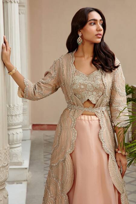 Buy Osaa By Adarsh Pink Jacket Tissue, Skirt Organza Bead And Floral Embroidered Lehenga Set Online at Aza Fashions Buy_Osaa By Adarsh_Pink Jacket Tissue, Skirt Organza Bead And Floral Embroidered Lehenga Set_Online_at_Aza_Fashions