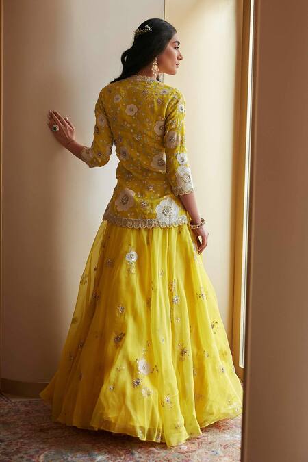 Shop Osaa By Adarsh Yellow Organza Silk V Neck Hand Embroidered Kurta Lehenga Set at Aza Fashions Shop_Osaa By Adarsh_Yellow Organza Silk V Neck Hand Embroidered Kurta Lehenga Set_at_Aza_Fashions