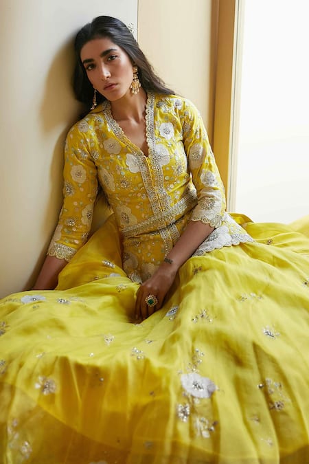 Osaa By Adarsh Yellow Organza Silk V Neck Hand Embroidered Kurta Lehenga Set Online at Aza Fashions Osaa By Adarsh_Yellow Organza Silk V Neck Hand Embroidered Kurta Lehenga Set_Online_at_Aza_Fashions