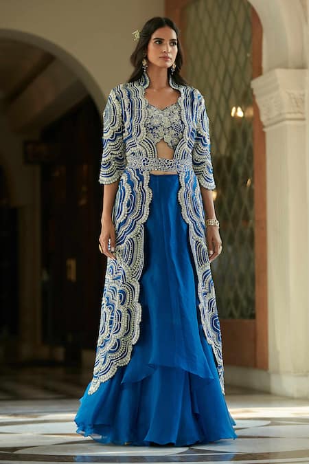 Buy Ombre Blue Printed Chanderi Silk Lehenga with Jacket Online in USA –  Pure Elegance
