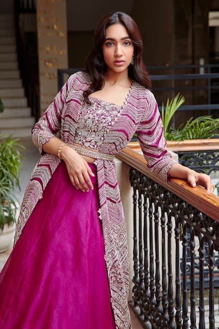 Shop Osaa By Adarsh Magenta Organza Bead And Sequin Work, Zari Chevron Embroidered Lehenga Set at Aza Fashions Shop_Osaa By Adarsh_Magenta Organza Bead And Sequin Work, Zari Chevron Embroidered Lehenga Set _at_Aza_Fashions