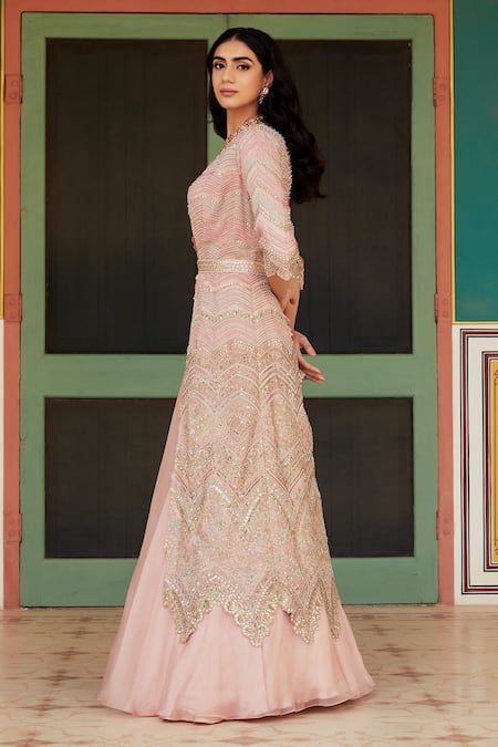 Osaa By Adarsh_Pink Organza Blouse Sweetheart jacket Open And Skirt Set _Online_at_Aza_Fashions