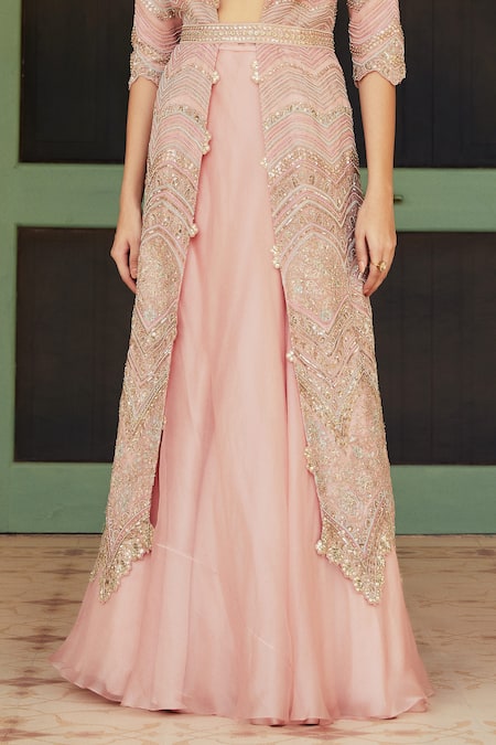 Shop_Osaa By Adarsh_Pink Organza Blouse Sweetheart jacket Open And Skirt Set _Online_at_Aza_Fashions