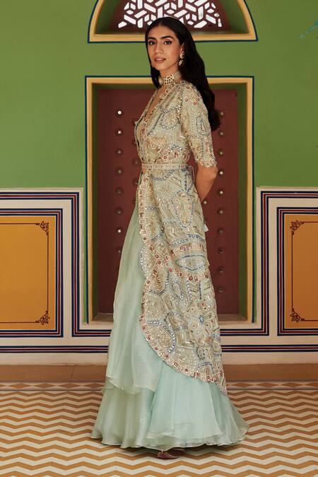 Osaa By Adarsh_Green Tissue Organza Blouse Sweetheart jacket Open Embroidered And Skirt Set _Online_at_Aza_Fashions