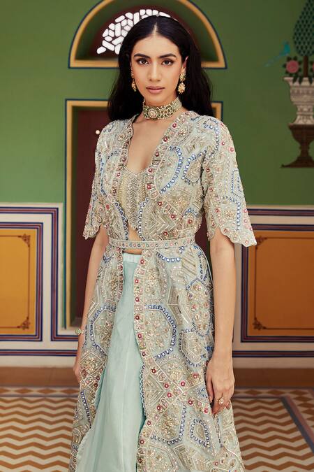 Buy_Osaa By Adarsh_Green Tissue Organza Blouse Sweetheart jacket Open Embroidered And Skirt Set _Online_at_Aza_Fashions