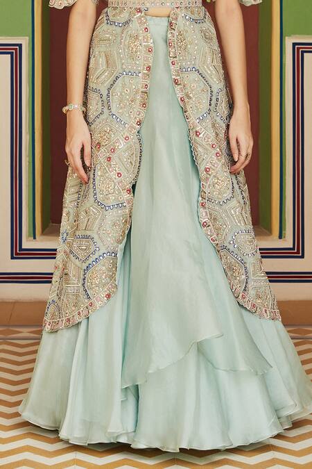 Shop_Osaa By Adarsh_Green Tissue Organza Blouse Sweetheart jacket Open Embroidered And Skirt Set _Online_at_Aza_Fashions