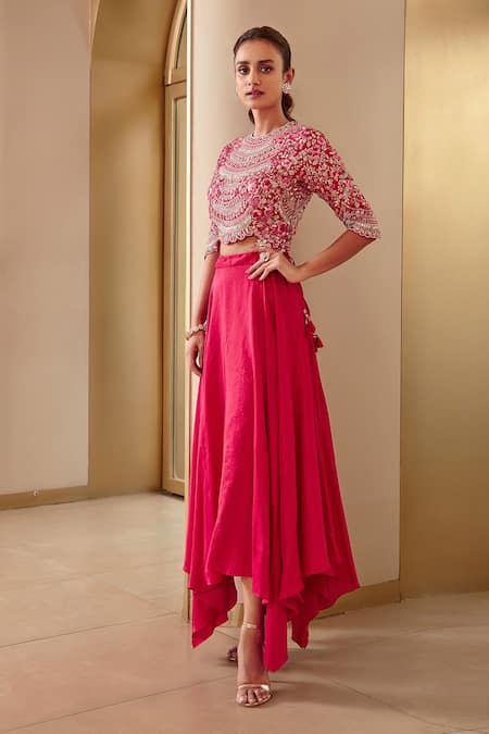 Osaa By Adarsh_Red Mulberry Silk Thread, Bead And Sequin Embroidered Top & Asymmetric Lehenga Set_Online_at_Aza_Fashions