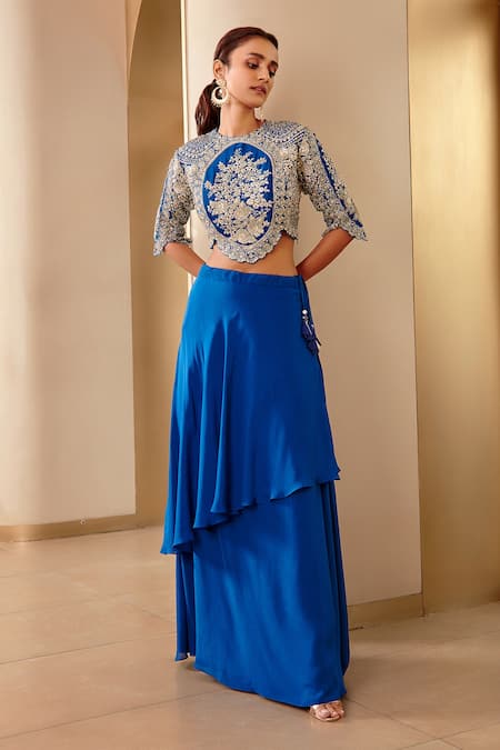 Osaa by Adarsh Blue Mulberry Silk Hand Embroidered Top And Asymmetric Lehenga Set  