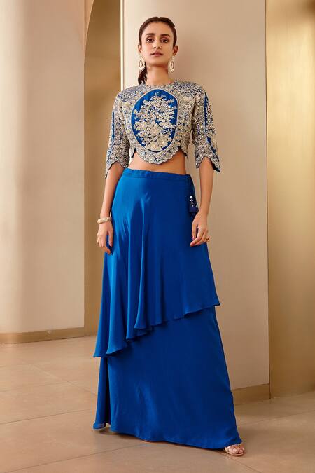 Osaa By Adarsh_Blue Mulberry Silk Thread, Bead And Embroidered Top & Asymmetric Lehenga Set_Online_at_Aza_Fashions
