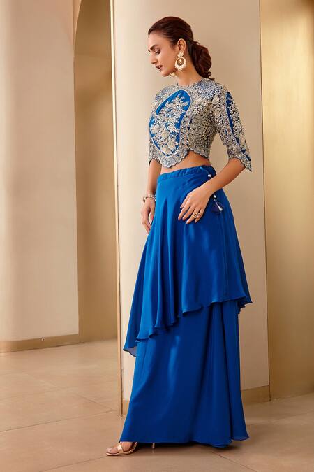 Buy_Osaa By Adarsh_Blue Mulberry Silk Thread, Bead And Embroidered Top & Asymmetric Lehenga Set_Online_at_Aza_Fashions