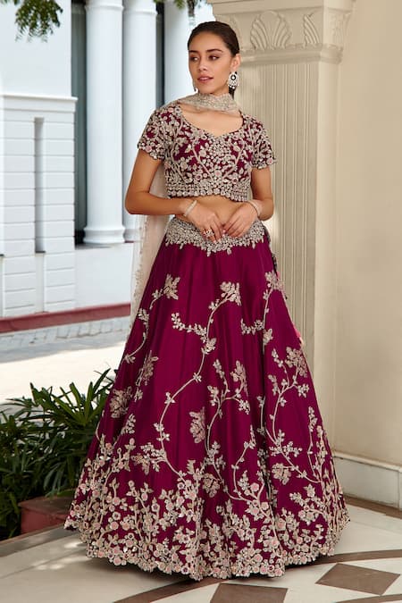 Wine Velvet Embroidered Lehenga Set | WaliaJones