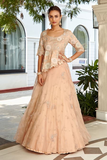 Osaa by Adarsh Pink Organza Hand Embroidered Aari Round Peplum Top And Lehenga Set  