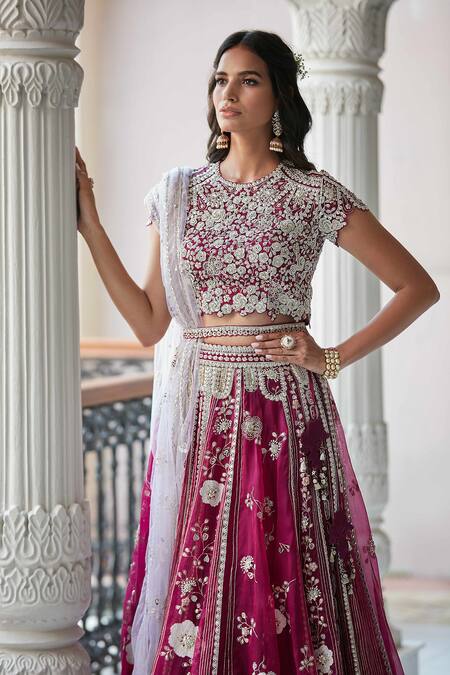 Osaa By Adarsh_Purple Organza Silk Round Hand Embroidered Bridal Lehenga Set_Online_at_Aza_Fashions
